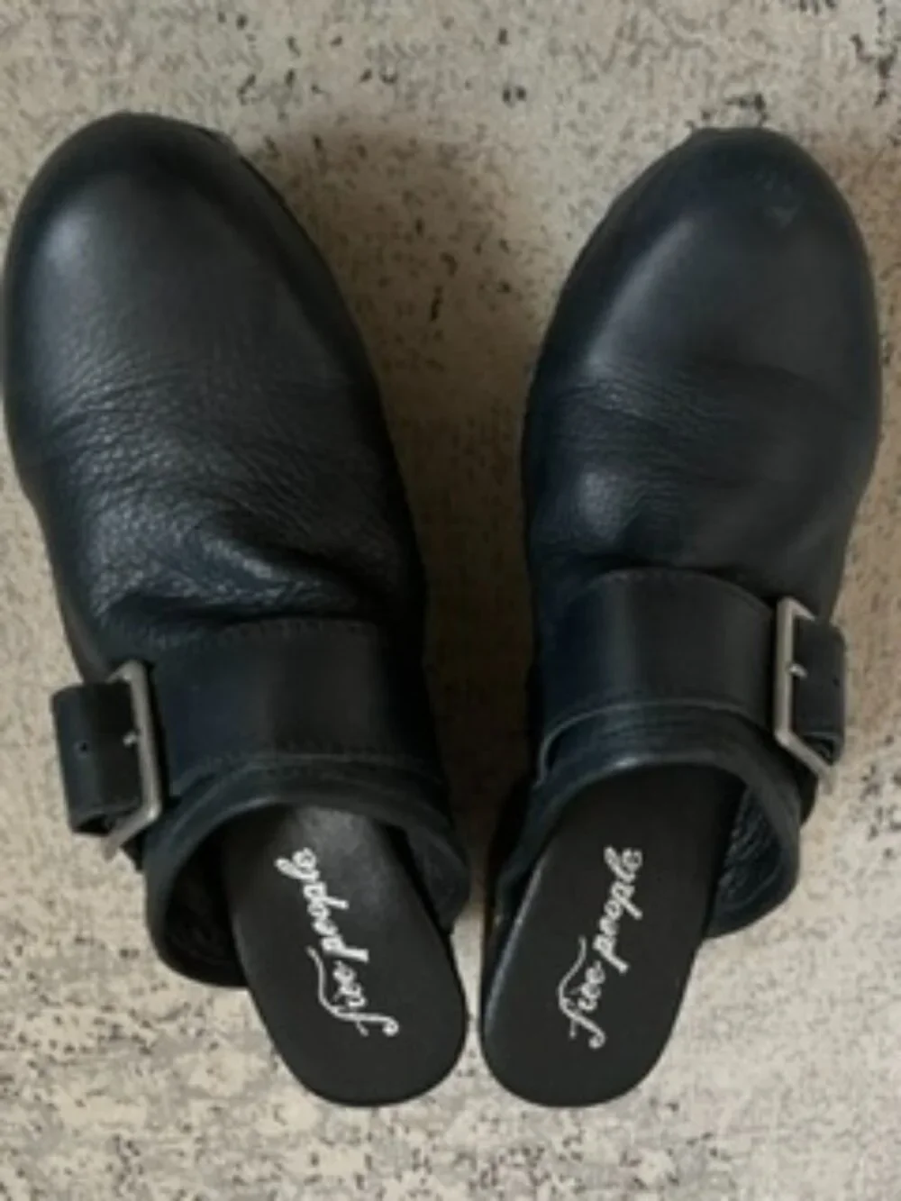 Free People Black Leather Silver Buckles Clogs Thick Wooden Platform 40